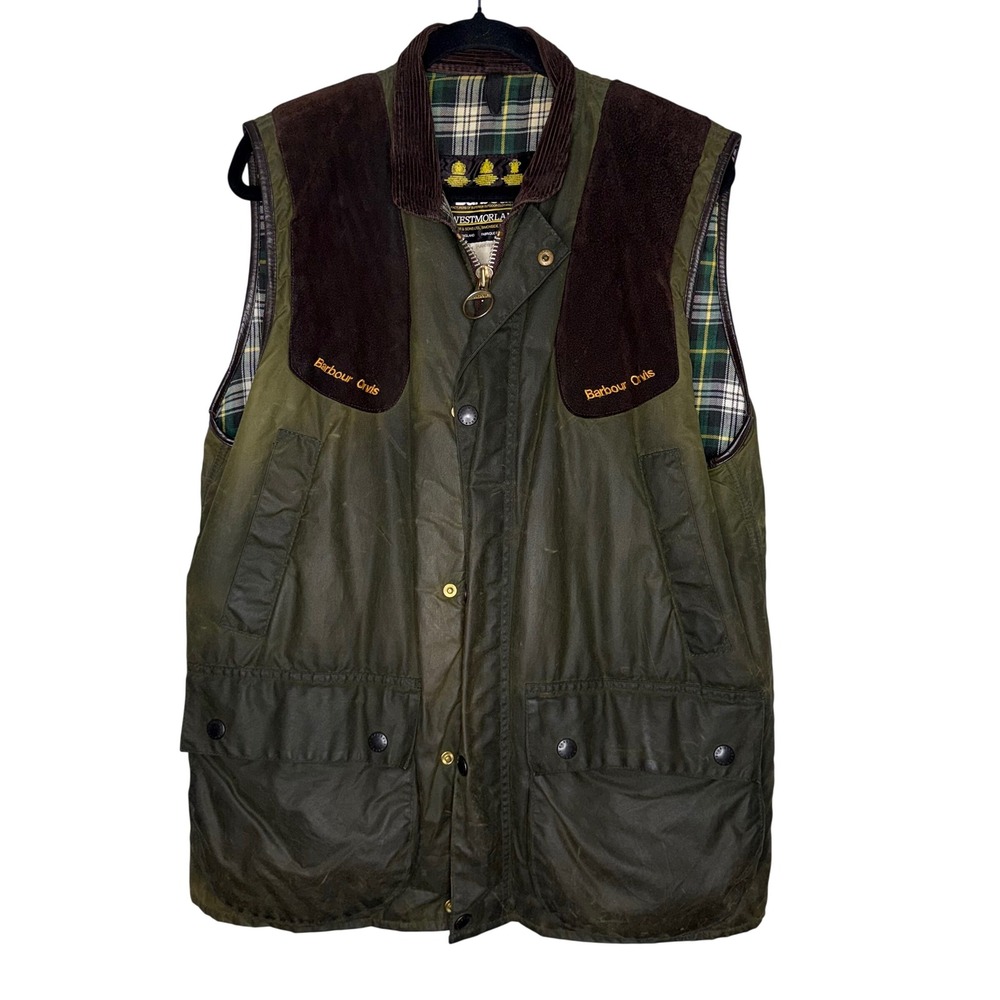Barbour Westmorland Waxed Cotton Vest Mens Large Olive Green Excellent Gilet